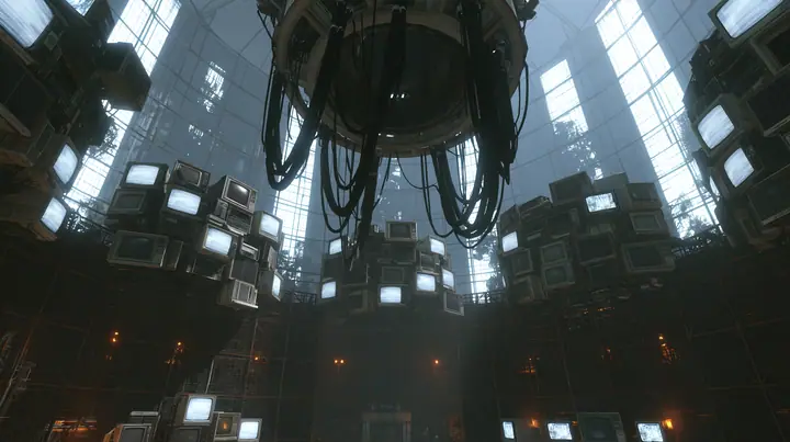 Valve's Portal 2 (2011), a Source engine screenshot: the empty Aperture Science central AI chamber: the ceiling ring mount with thick black cables hanging down, dozens of old CRT monitors and flat panel screens…