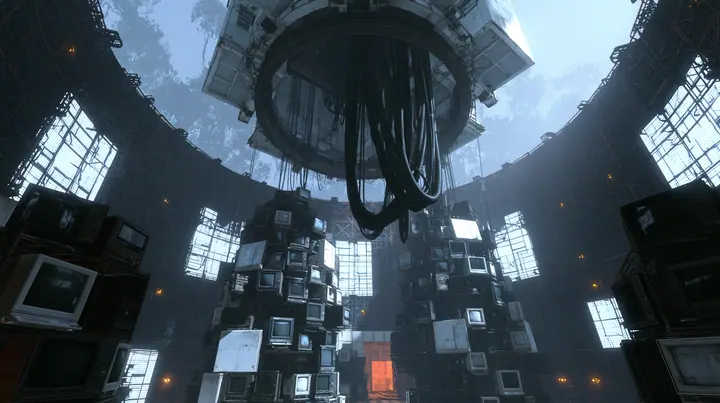 Valve's Portal 2 (2011), a Source engine screenshot: the empty Aperture Science central AI chamber: the ceiling ring mount with thick black cables hanging down, dozens of old CRT monitors and flat panel screens…