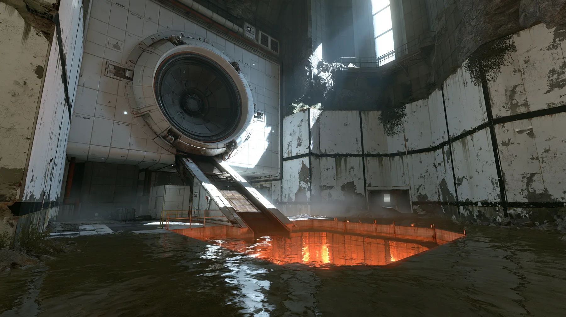Valve's Portal 2 (2011), a Source engine screenshot: a derelict Aperture Science disposal room: a big round chute hatch in the panelled wall above a sloped conveyor dropping into a glowing orange incinerator pit,…