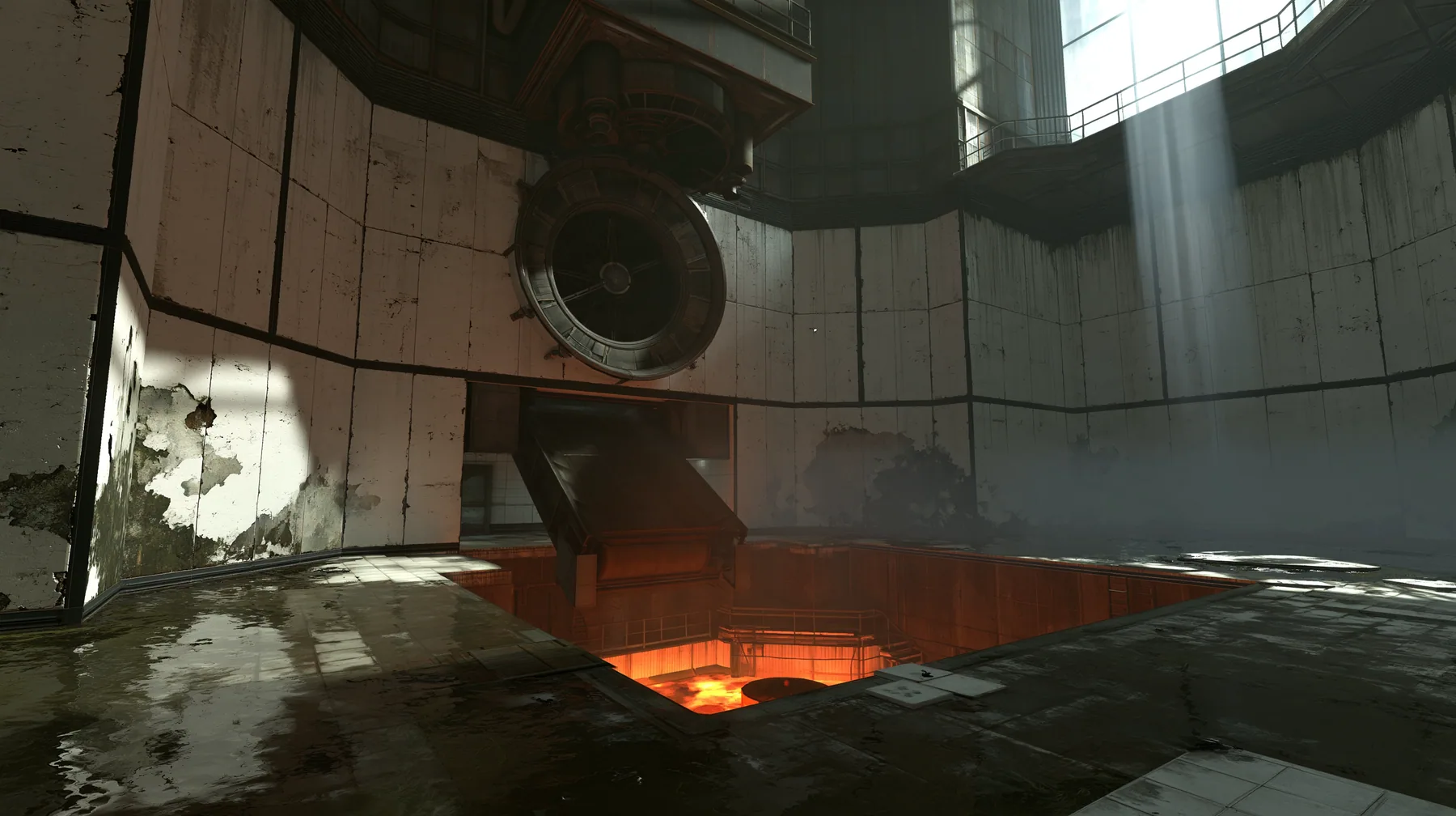Valve's Portal 2 (2011), a Source engine screenshot: a derelict Aperture Science disposal room: a big round chute hatch in the panelled wall above a sloped conveyor dropping into a glowing orange incinerator pit,…