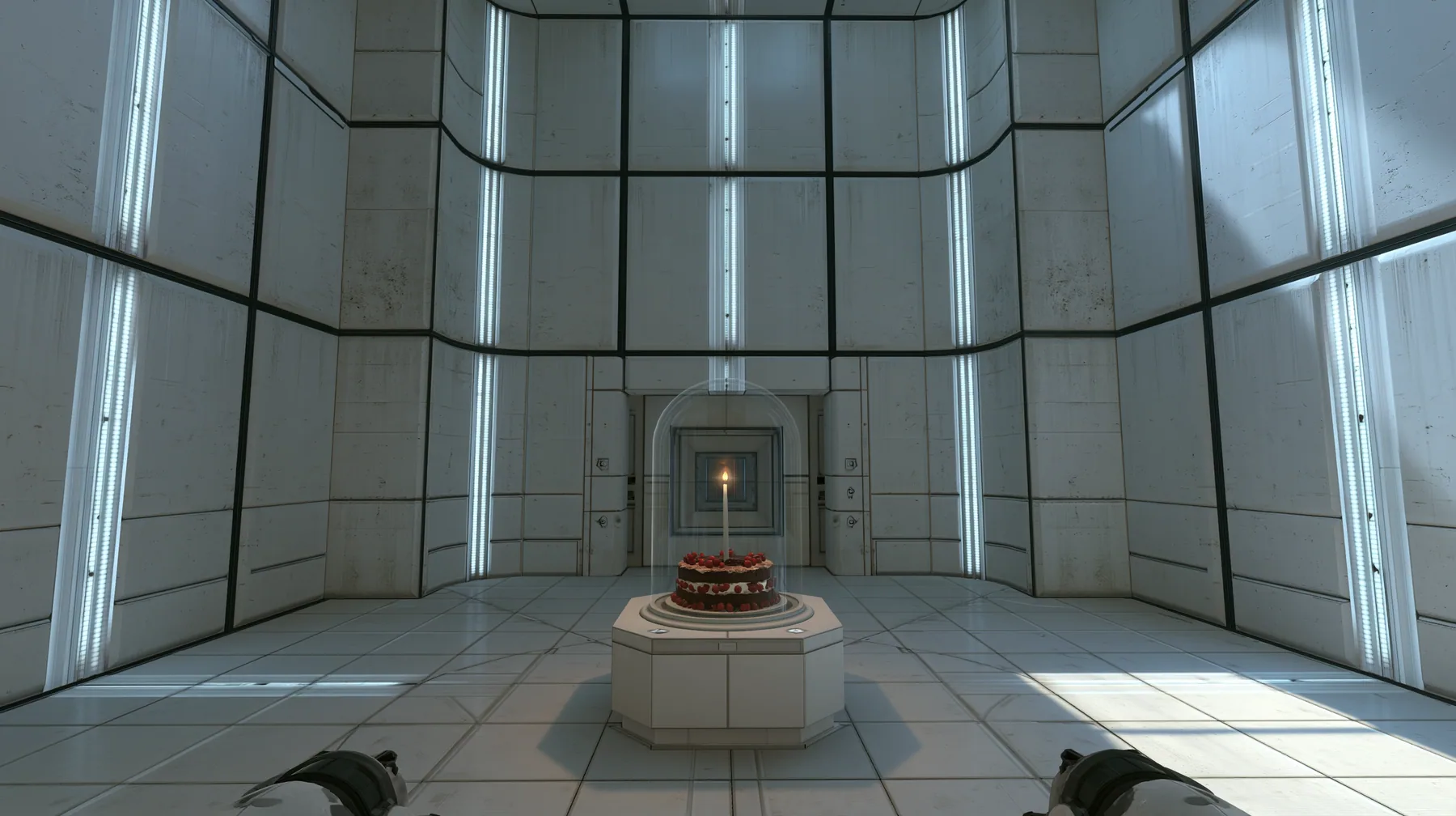 Valve's Portal 2 (2011), a Source engine screenshot: a clean Aperture Science test chamber of white concrete panels with black seams and vertical light strips, a black forest chocolate cake with cherries and one lit…