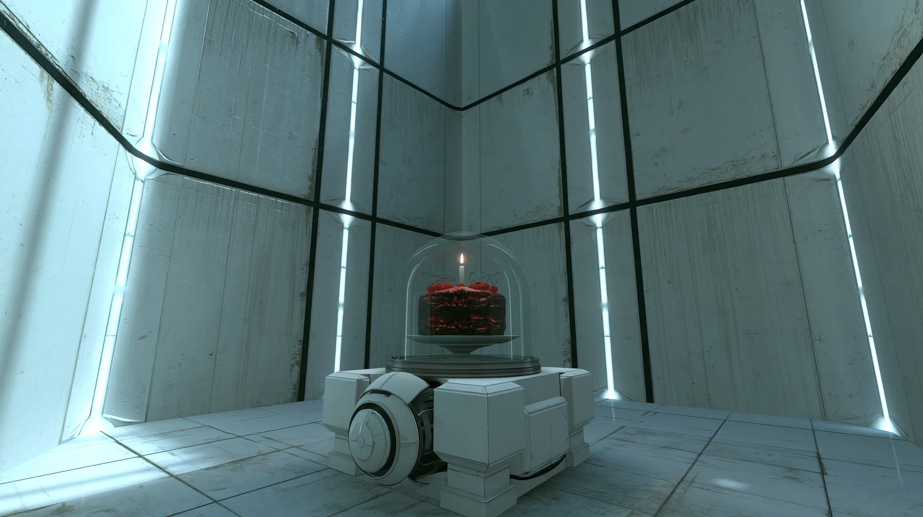 Valve's Portal 2 (2011), a Source engine screenshot: a clean Aperture Science test chamber of white concrete panels with black seams and vertical light strips, a black forest chocolate cake with cherries and one lit…