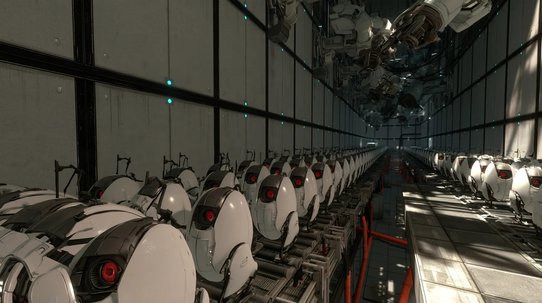 Valve's Portal 2 (2011), a Source engine screenshot: the Aperture Science turret production line: rows of white egg-shaped sentry turrets with one red eye riding a conveyor through a dim panelled factory hall, robot…