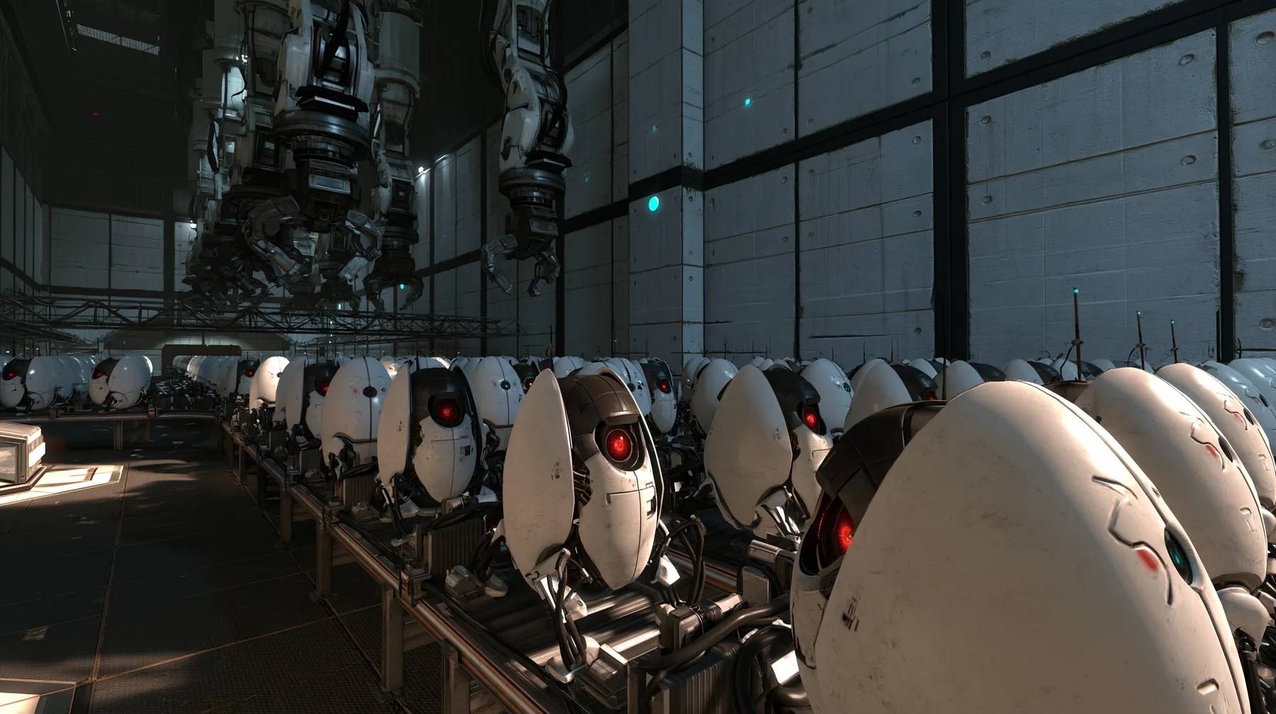 Valve's Portal 2 (2011), a Source engine screenshot: the Aperture Science turret production line: rows of white egg-shaped sentry turrets with one red eye riding a conveyor through a dim panelled factory hall, robot…