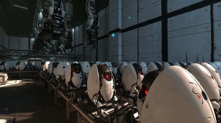 Valve's Portal 2 (2011), a Source engine screenshot: the Aperture Science turret production line: rows of white egg-shaped sentry turrets with one red eye riding a conveyor through a dim panelled factory hall, robot…