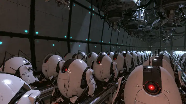 Valve's Portal 2 (2011), a Source engine screenshot: the Aperture Science turret production line: rows of white egg-shaped sentry turrets with one red eye riding a conveyor through a dim panelled factory hall, robot…