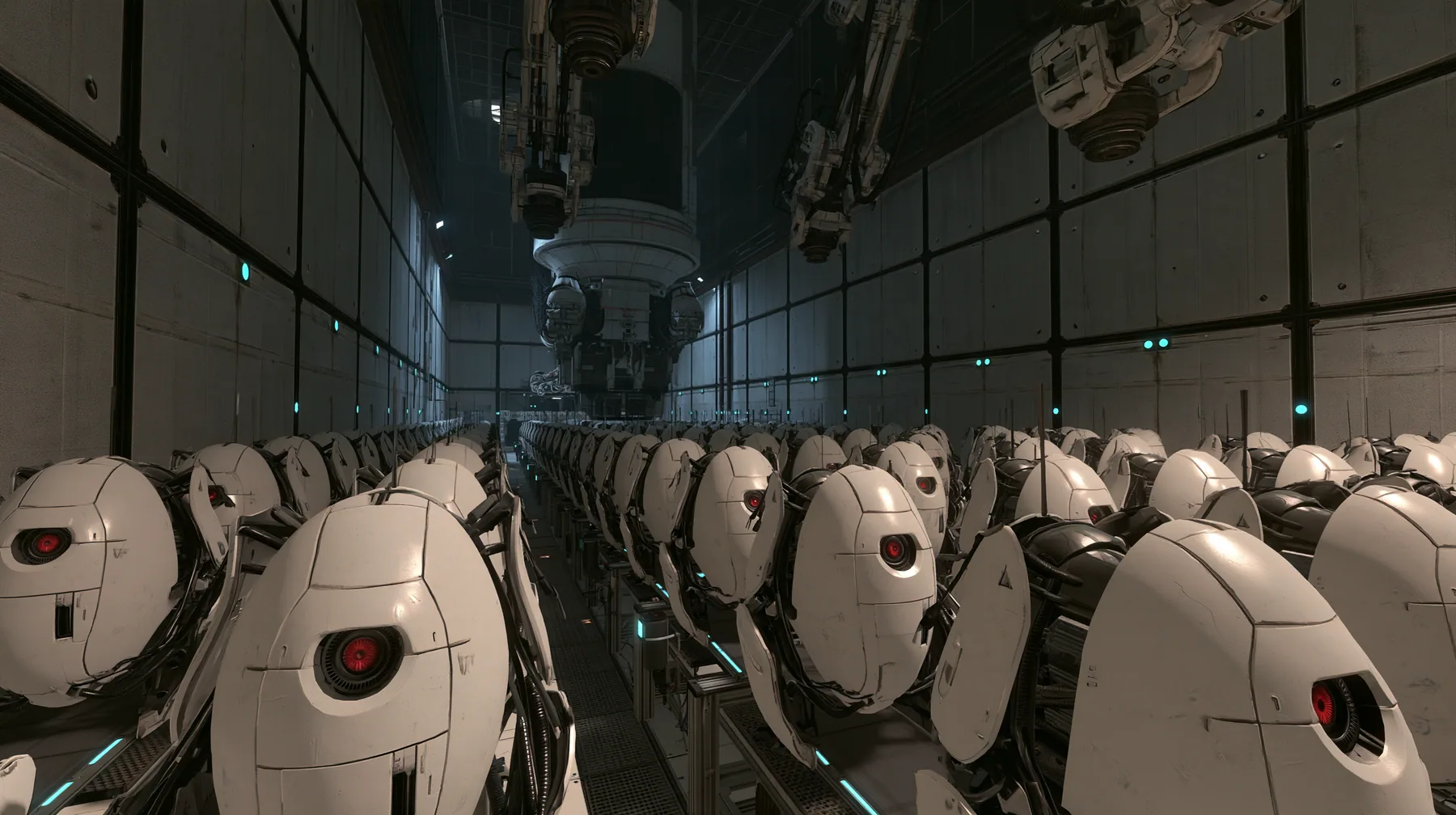 Valve's Portal 2 (2011), a Source engine screenshot: the Aperture Science turret production line: rows of white egg-shaped sentry turrets with one red eye riding a conveyor through a dim panelled factory hall, robot…