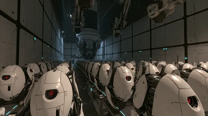 Valve's Portal 2 (2011), a Source engine screenshot: the Aperture Science turret production line: rows of white egg-shaped sentry turrets with one red eye riding a conveyor through a dim panelled factory hall, robot…