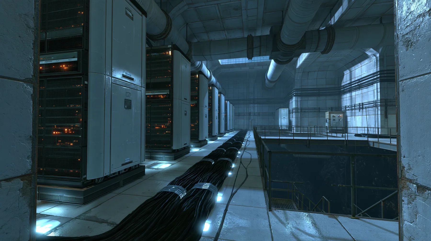 Valve's Portal 2 (2011), a Source engine screenshot: behind the scenes at Aperture Science: a long concrete corridor lined with tall 1970s mainframe server cabinets with blinking lights, thick black cable bundles…