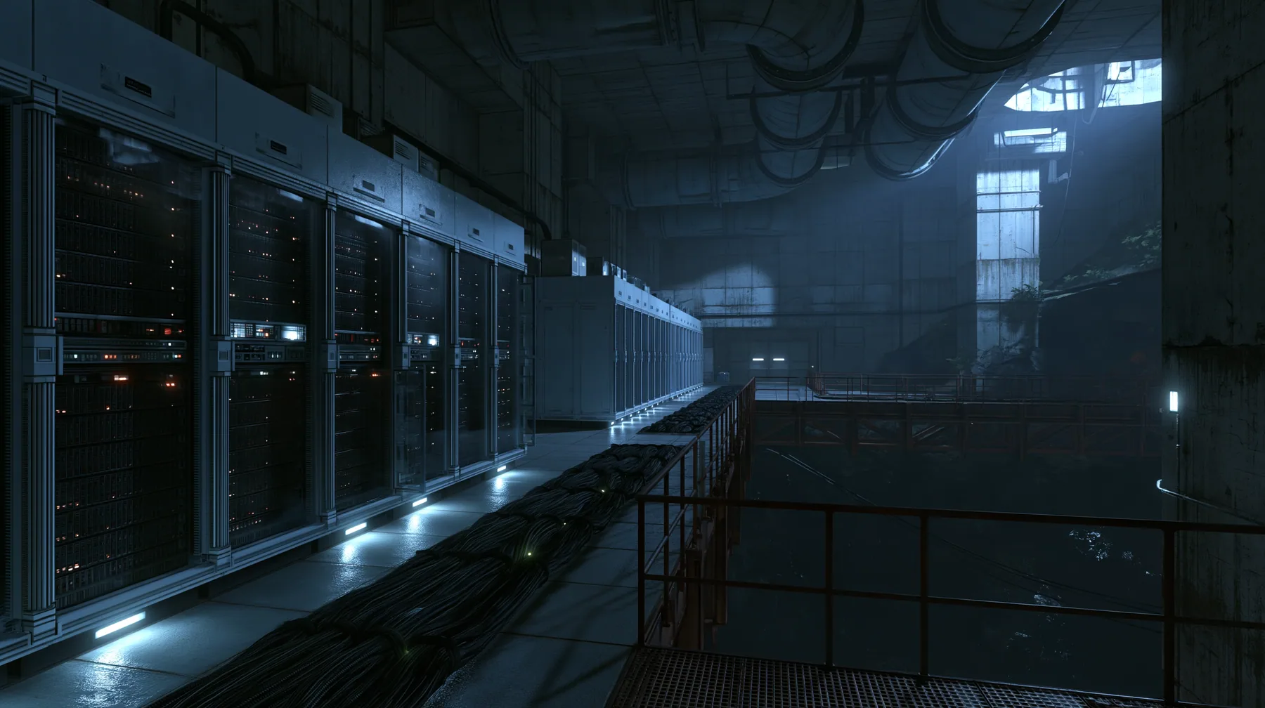 Valve's Portal 2 (2011), a Source engine screenshot: behind the scenes at Aperture Science: a long concrete corridor lined with tall 1970s mainframe server cabinets with blinking lights, thick black cable bundles…