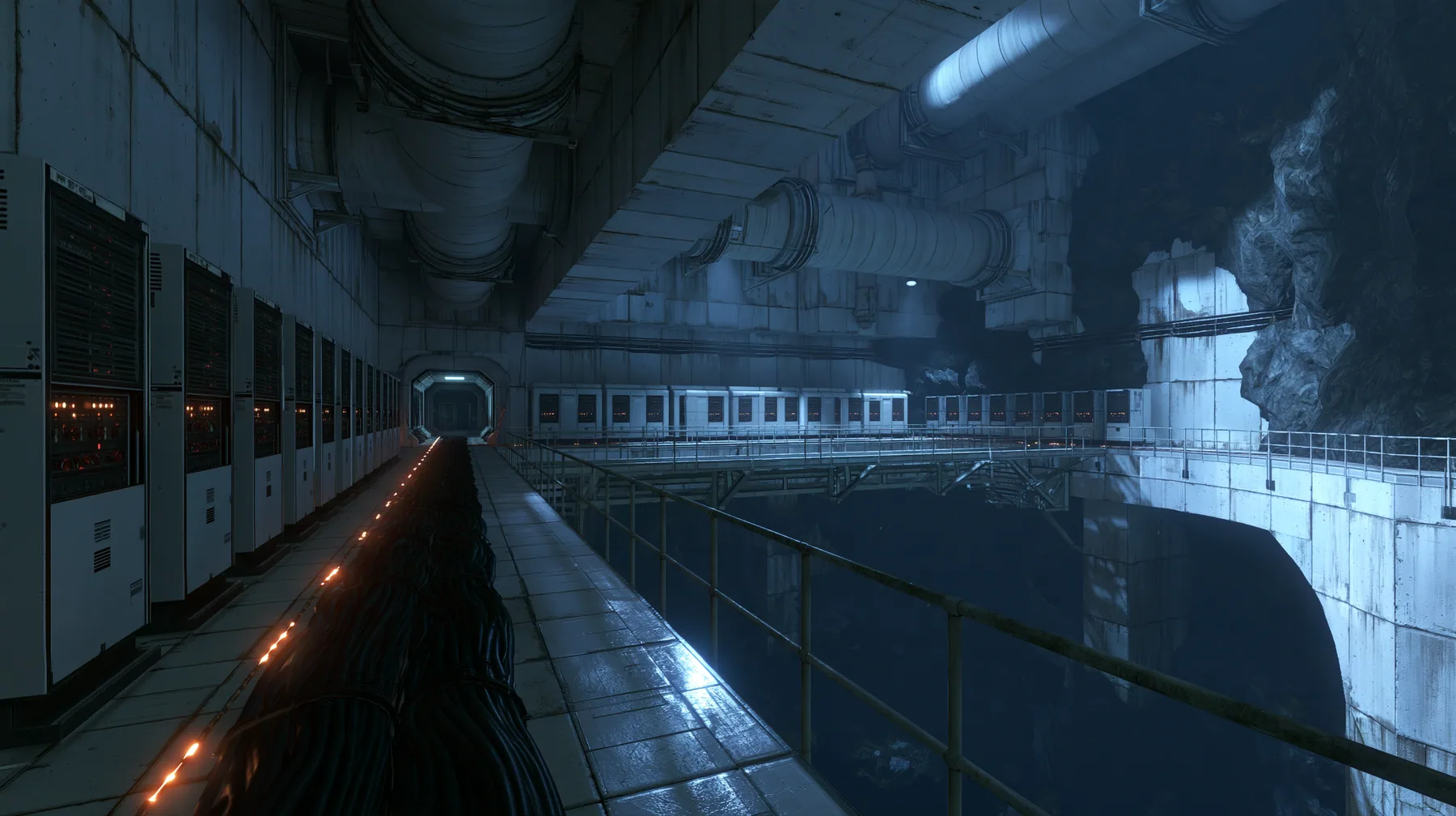 Valve's Portal 2 (2011), a Source engine screenshot: behind the scenes at Aperture Science: a long concrete corridor lined with tall 1970s mainframe server cabinets with blinking lights, thick black cable bundles…