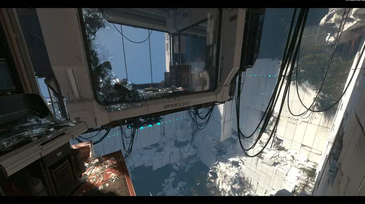 Valve's Portal 2 (2011), a Source engine screenshot: an Aperture Science observation booth high above a test chamber, its big window smashed, glass shards on the console and floor, the decaying white panelled chamber…