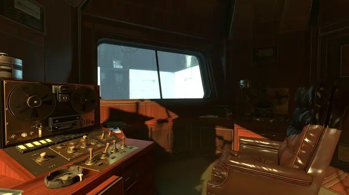Portal 2 (2011) Source engine screenshot, Valve, old 1960s Aperture Science: Cave Johnson's wood-panelled observation booth, brass controls and toggle switches, reel-to-reel tape machines, an ashtray, a leather…