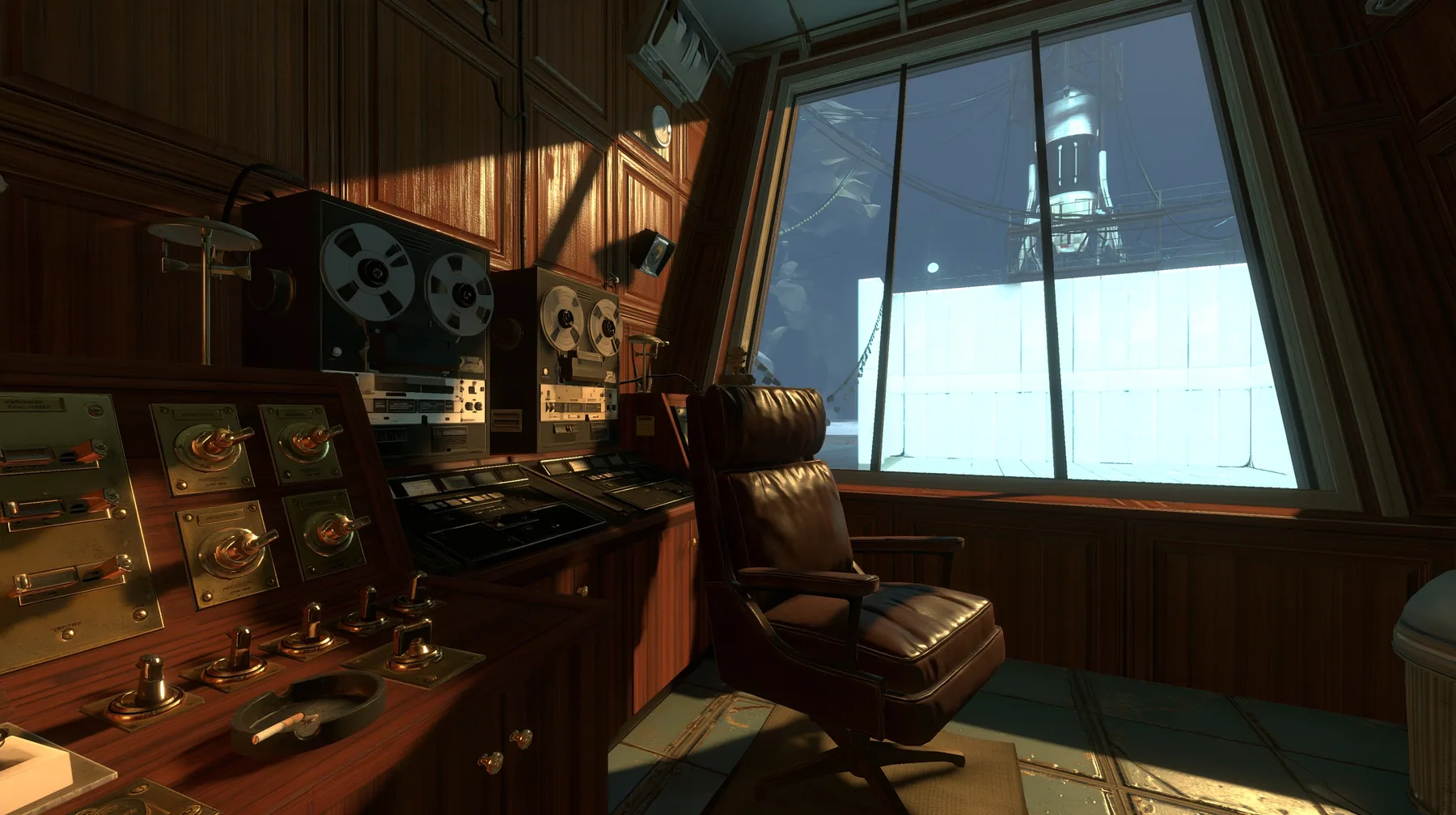Portal 2 (2011) Source engine screenshot, Valve, old 1960s Aperture Science: Cave Johnson's wood-panelled observation booth, brass controls and toggle switches, reel-to-reel tape machines, an ashtray, a leather…