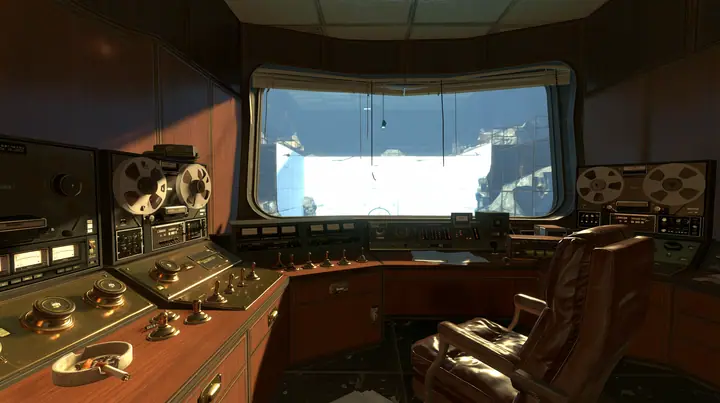 Portal 2 (2011) Source engine screenshot, Valve, old 1960s Aperture Science: Cave Johnson's wood-panelled observation booth, brass controls and toggle switches, reel-to-reel tape machines, an ashtray, a leather…