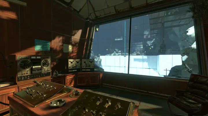 Portal 2 (2011) Source engine screenshot, Valve, old 1960s Aperture Science: Cave Johnson's wood-panelled observation booth, brass controls and toggle switches, reel-to-reel tape machines, an ashtray, a leather…