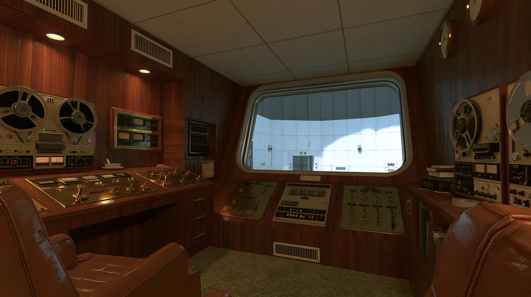 Valve's Portal 2 (2011), a Source engine screenshot: old 1960s Aperture Science: Cave Johnson's wood-panelled observation booth, brass controls and toggle switches, reel-to-reel tape machines, an ashtray, a leather…