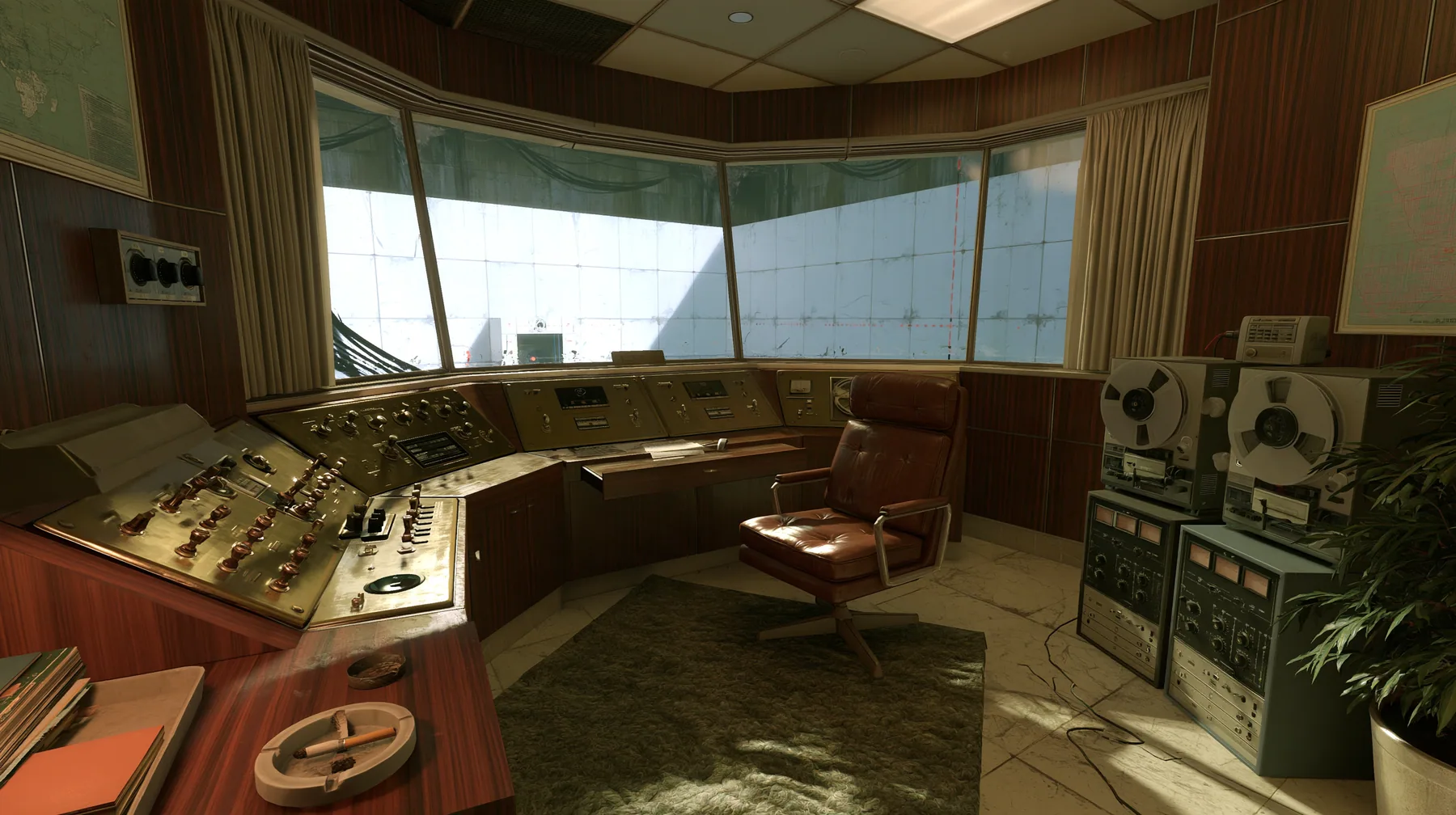 Valve's Portal 2 (2011), a Source engine screenshot: old 1960s Aperture Science: Cave Johnson's wood-panelled observation booth, brass controls and toggle switches, reel-to-reel tape machines, an ashtray, a leather…