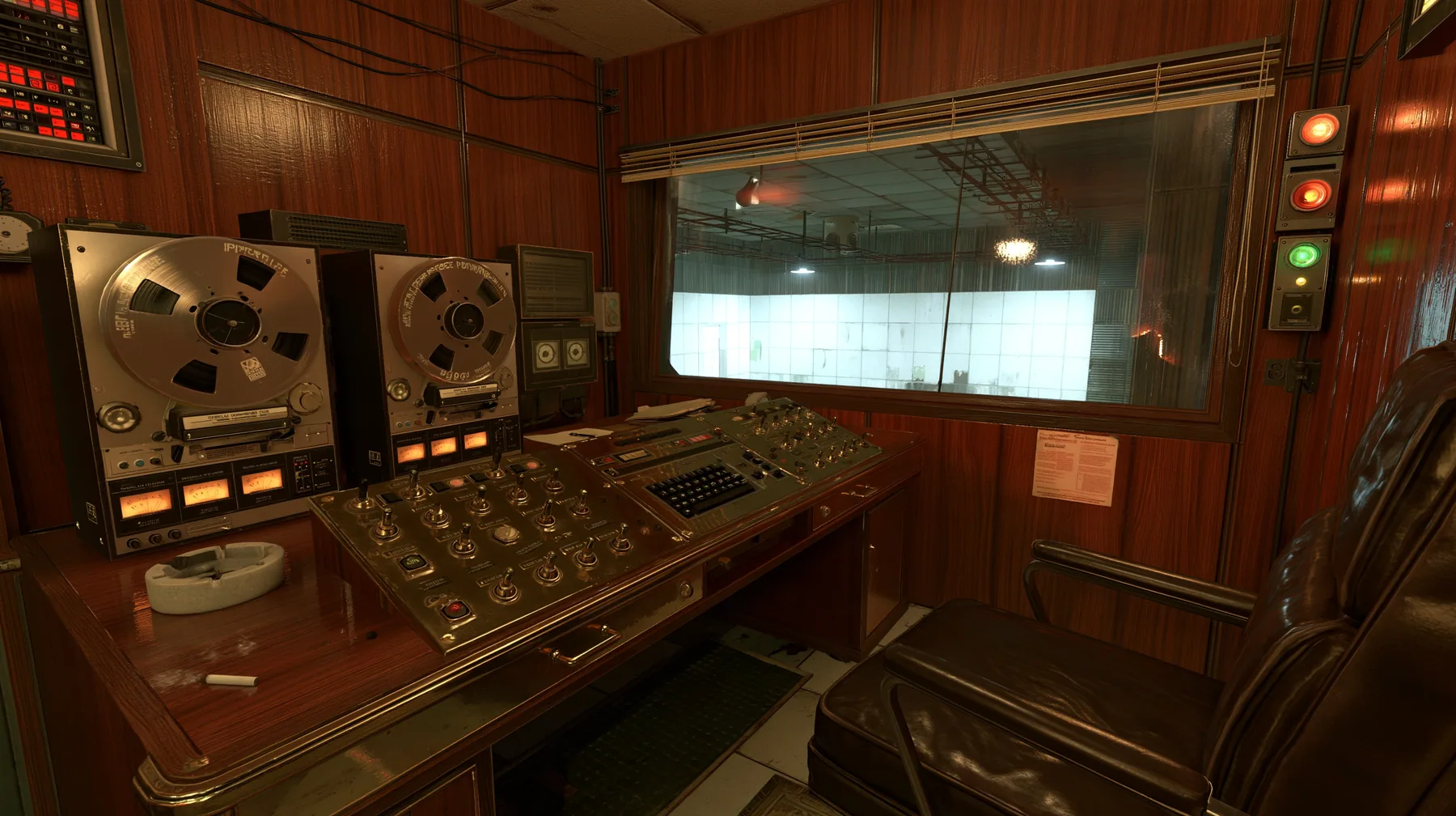 Valve's Portal 2 (2011), a Source engine screenshot: old 1960s Aperture Science: Cave Johnson's wood-panelled observation booth, brass controls and toggle switches, reel-to-reel tape machines, an ashtray, a leather…