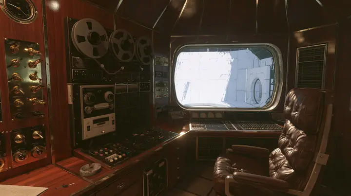 Valve's Portal 2 (2011), a Source engine screenshot: old 1960s Aperture Science: Cave Johnson's wood-panelled observation booth, brass controls and toggle switches, reel-to-reel tape machines, an ashtray, a leather…