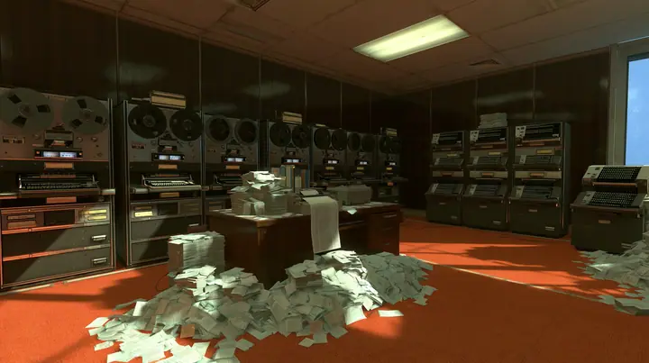 Portal 2 (2011) Source engine screenshot, Valve, old 1960s Aperture Science computer room: rows of reel-to-reel tape drives and punch card machines, stacks of punch cards, a printout spilling onto a desk, wood panels…