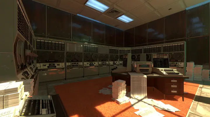Portal 2 (2011) Source engine screenshot, Valve, old 1960s Aperture Science computer room: rows of reel-to-reel tape drives and punch card machines, stacks of punch cards, a printout spilling onto a desk, wood panels…