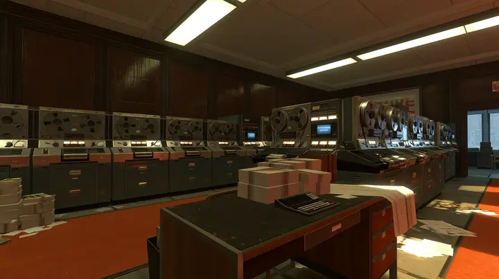 Portal 2 (2011) Source engine screenshot, Valve, old 1960s Aperture Science computer room: rows of reel-to-reel tape drives and punch card machines, stacks of punch cards, a printout spilling onto a desk, wood panels…