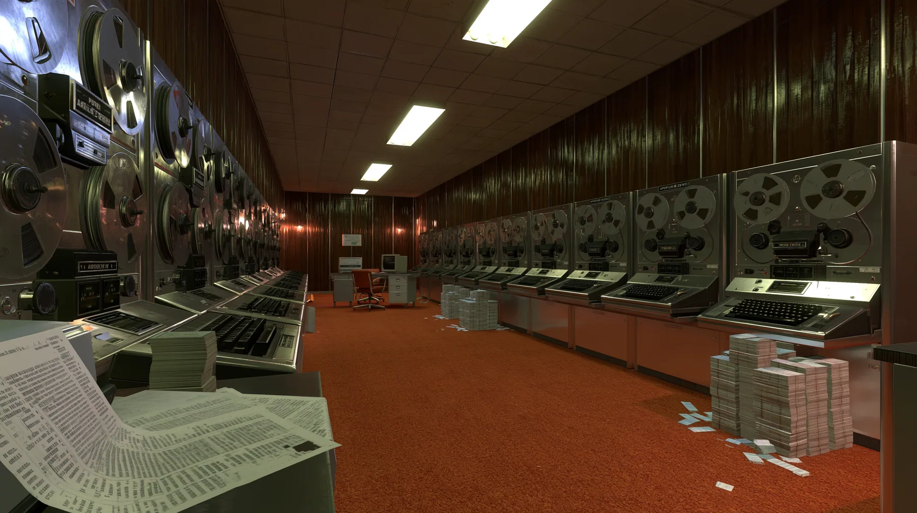 Valve's Portal 2 (2011), a Source engine screenshot: old 1960s Aperture Science computer room: rows of reel-to-reel tape drives and punch card machines, stacks of punch cards, a printout spilling onto a desk, wood…