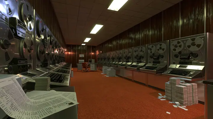 Valve's Portal 2 (2011), a Source engine screenshot: old 1960s Aperture Science computer room: rows of reel-to-reel tape drives and punch card machines, stacks of punch cards, a printout spilling onto a desk, wood…