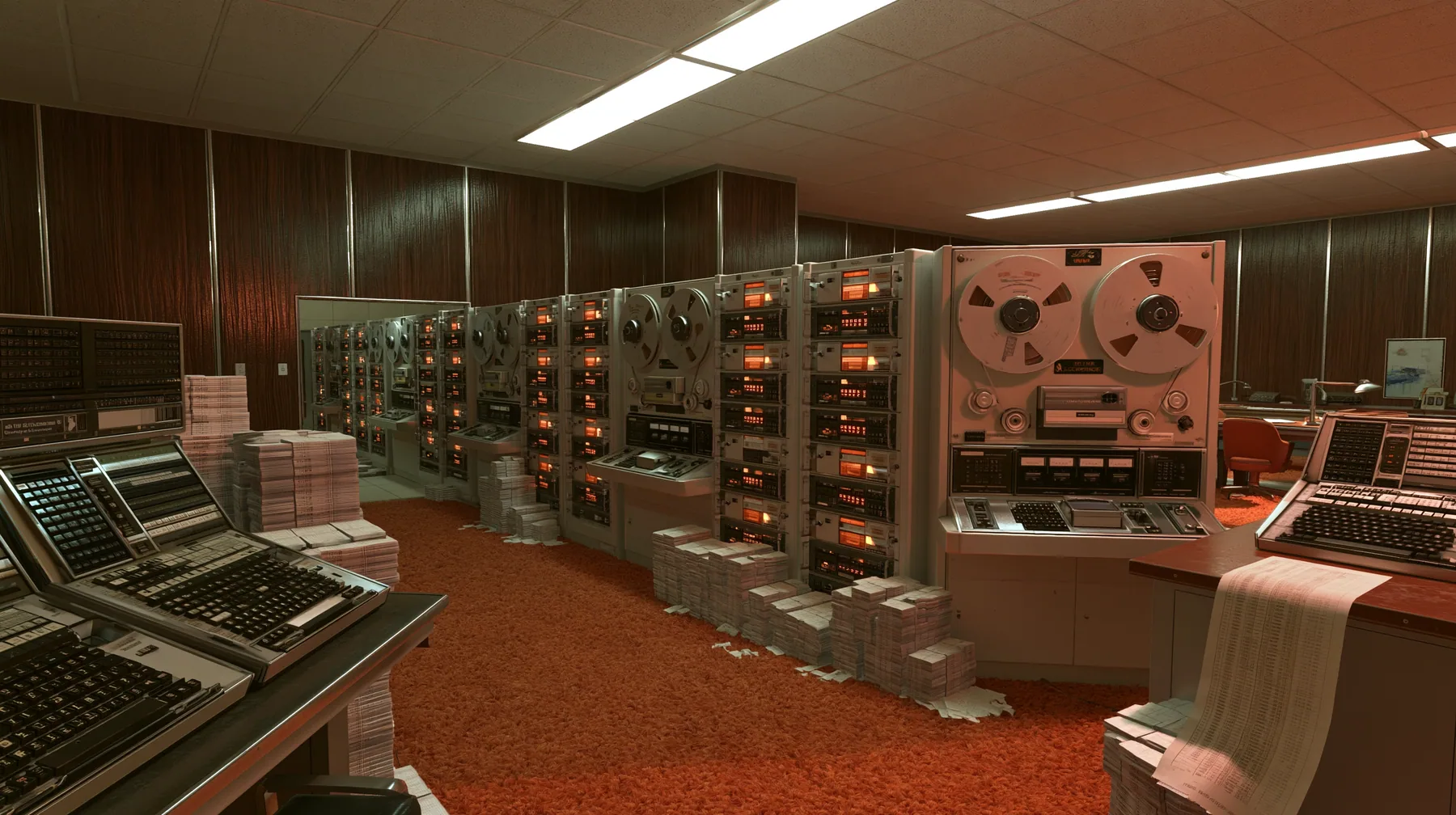 Valve's Portal 2 (2011), a Source engine screenshot: old 1960s Aperture Science computer room: rows of reel-to-reel tape drives and punch card machines, stacks of punch cards, a printout spilling onto a desk, wood…