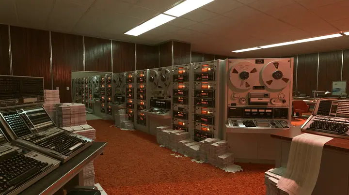 Valve's Portal 2 (2011), a Source engine screenshot: old 1960s Aperture Science computer room: rows of reel-to-reel tape drives and punch card machines, stacks of punch cards, a printout spilling onto a desk, wood…