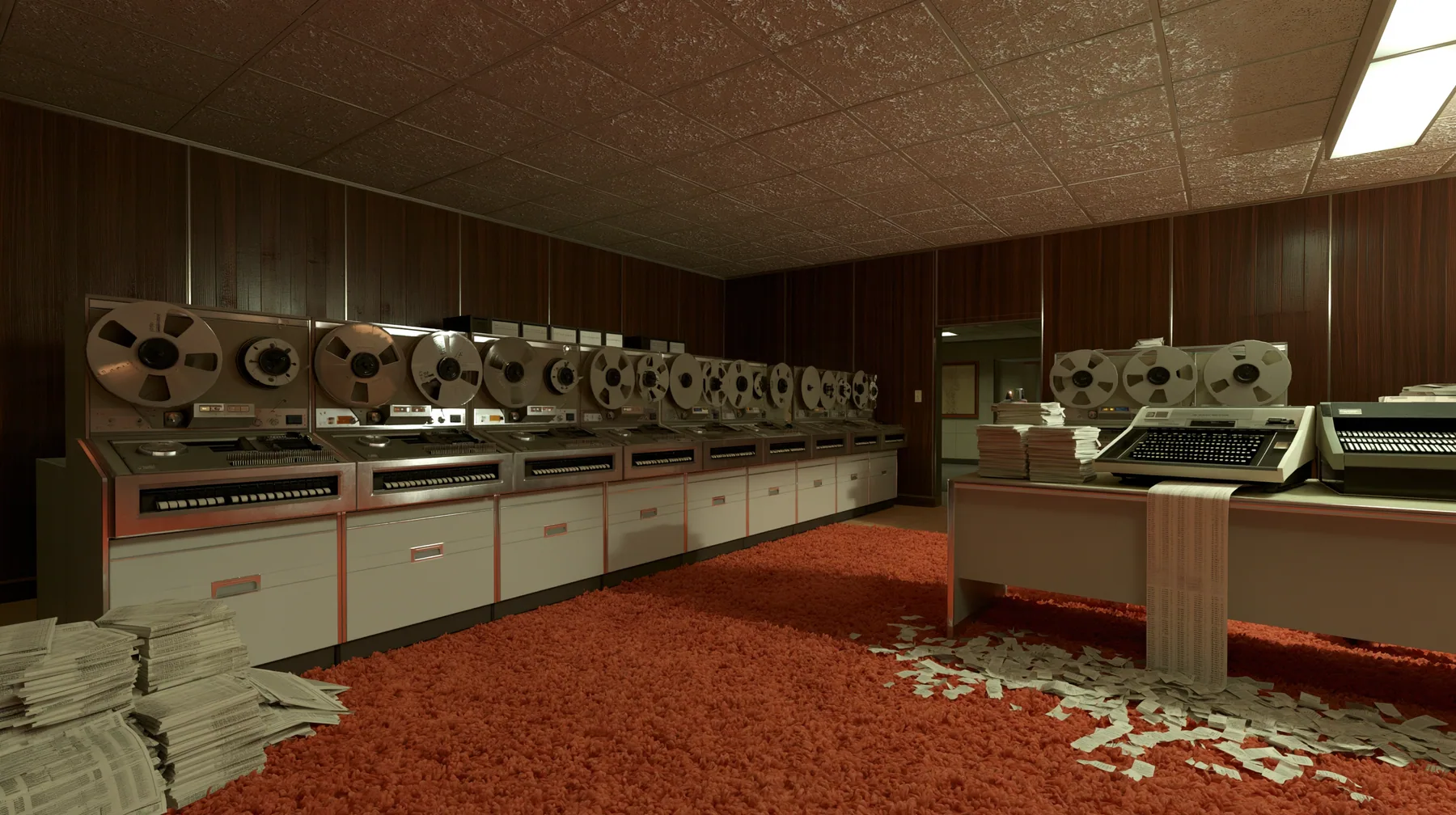 Valve's Portal 2 (2011), a Source engine screenshot: old 1960s Aperture Science computer room: rows of reel-to-reel tape drives and punch card machines, stacks of punch cards, a printout spilling onto a desk, wood…