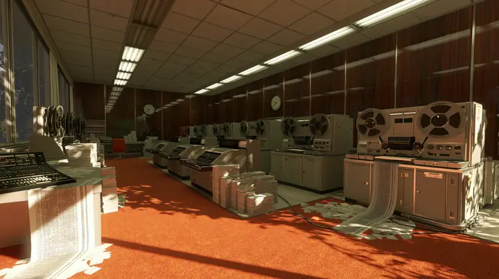 Valve's Portal 2 (2011), a Source engine screenshot: old 1960s Aperture Science computer room: rows of reel-to-reel tape drives and punch card machines, stacks of punch cards, a printout spilling onto a desk, wood…