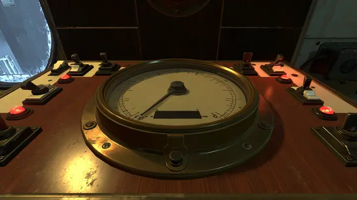 Portal 2 (2011) Source engine screenshot, Valve, old 1960s Aperture Science control console: one big round analog gauge dial with a needle resting low near zero, brass bezel, cream face, toggle switches and red…