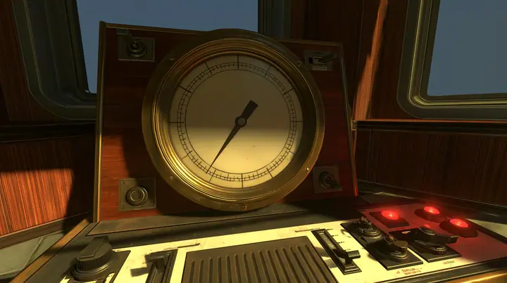 Portal 2 (2011) Source engine screenshot, Valve, old 1960s Aperture Science control console: one big round analog gauge dial with a needle resting low near zero, brass bezel, cream face, toggle switches and red…