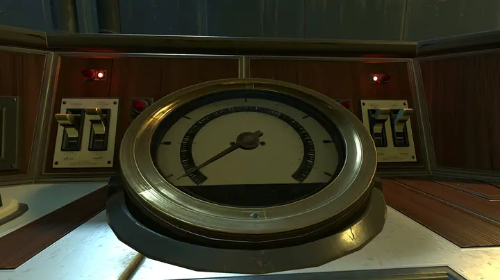 Portal 2 (2011) Source engine screenshot, Valve, old 1960s Aperture Science control console: one big round analog gauge dial with a needle resting low near zero, brass bezel, cream face, toggle switches and red…