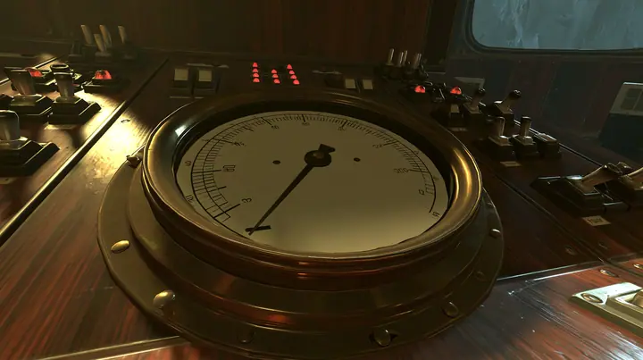 Portal 2 (2011) Source engine screenshot, Valve, old 1960s Aperture Science control console: one big round analog gauge dial with a needle resting low near zero, brass bezel, cream face, toggle switches and red…