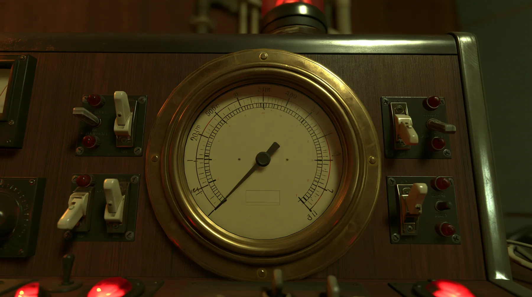 Valve's Portal 2 (2011), a Source engine screenshot: old 1960s Aperture Science control console: one big round analog gauge dial with a needle resting low near zero, brass bezel, cream face, toggle switches and red…