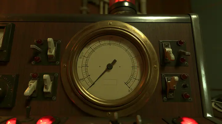 Valve's Portal 2 (2011), a Source engine screenshot: old 1960s Aperture Science control console: one big round analog gauge dial with a needle resting low near zero, brass bezel, cream face, toggle switches and red…