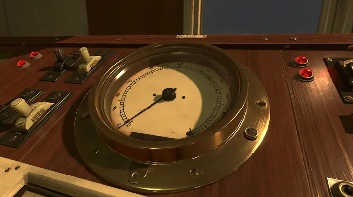 Valve's Portal 2 (2011), a Source engine screenshot: old 1960s Aperture Science control console: one big round analog gauge dial with a needle resting low near zero, brass bezel, cream face, toggle switches and red…
