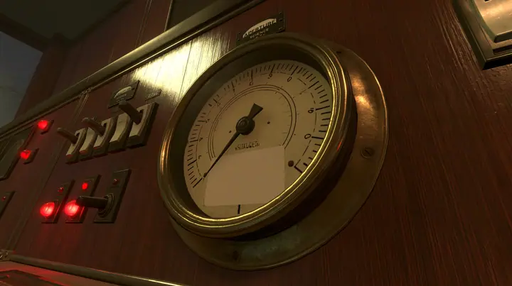 Valve's Portal 2 (2011), a Source engine screenshot: old 1960s Aperture Science control console: one big round analog gauge dial with a needle resting low near zero, brass bezel, cream face, toggle switches and red…