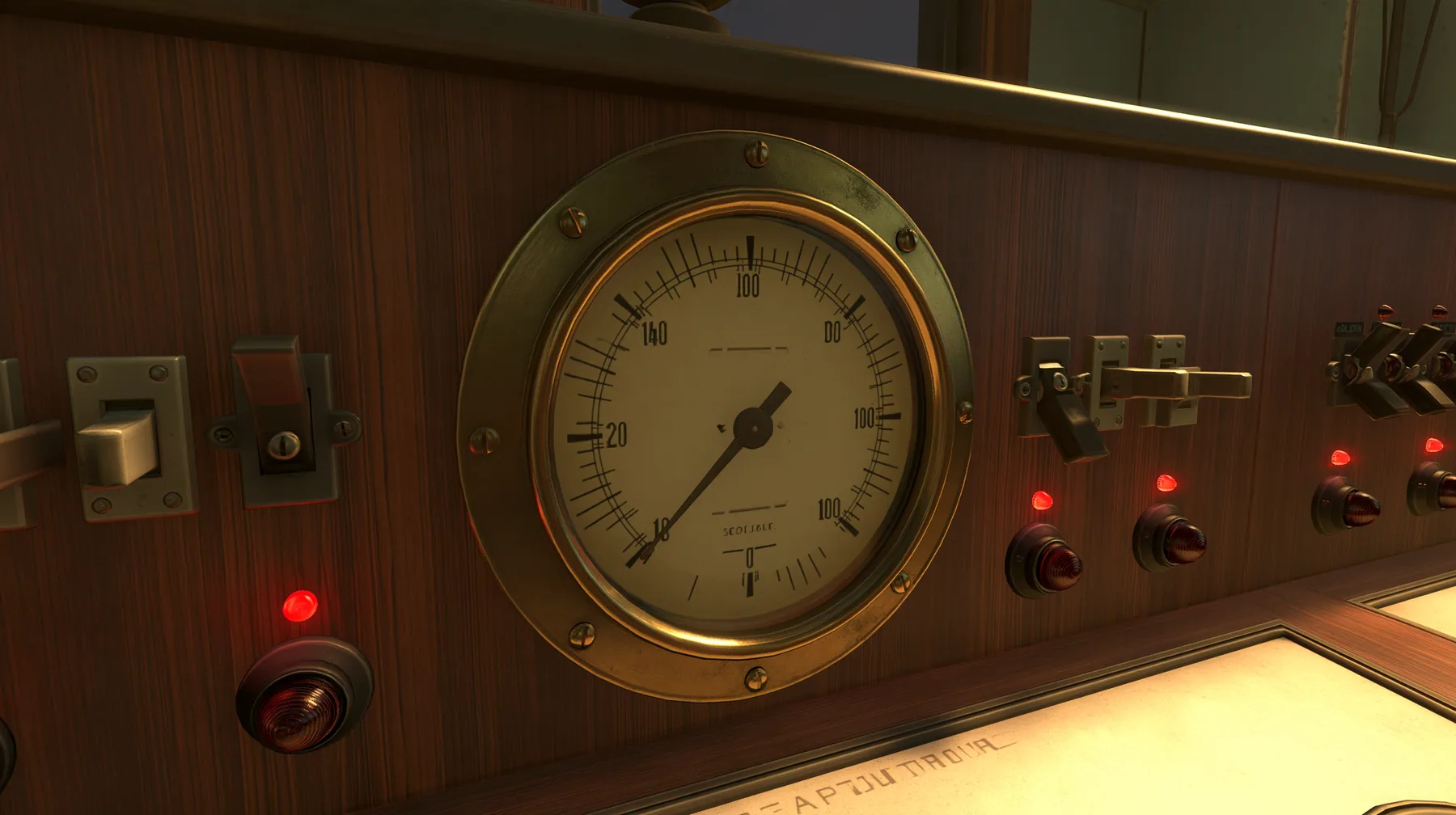 Valve's Portal 2 (2011), a Source engine screenshot: old 1960s Aperture Science control console: one big round analog gauge dial with a needle resting low near zero, brass bezel, cream face, toggle switches and red…