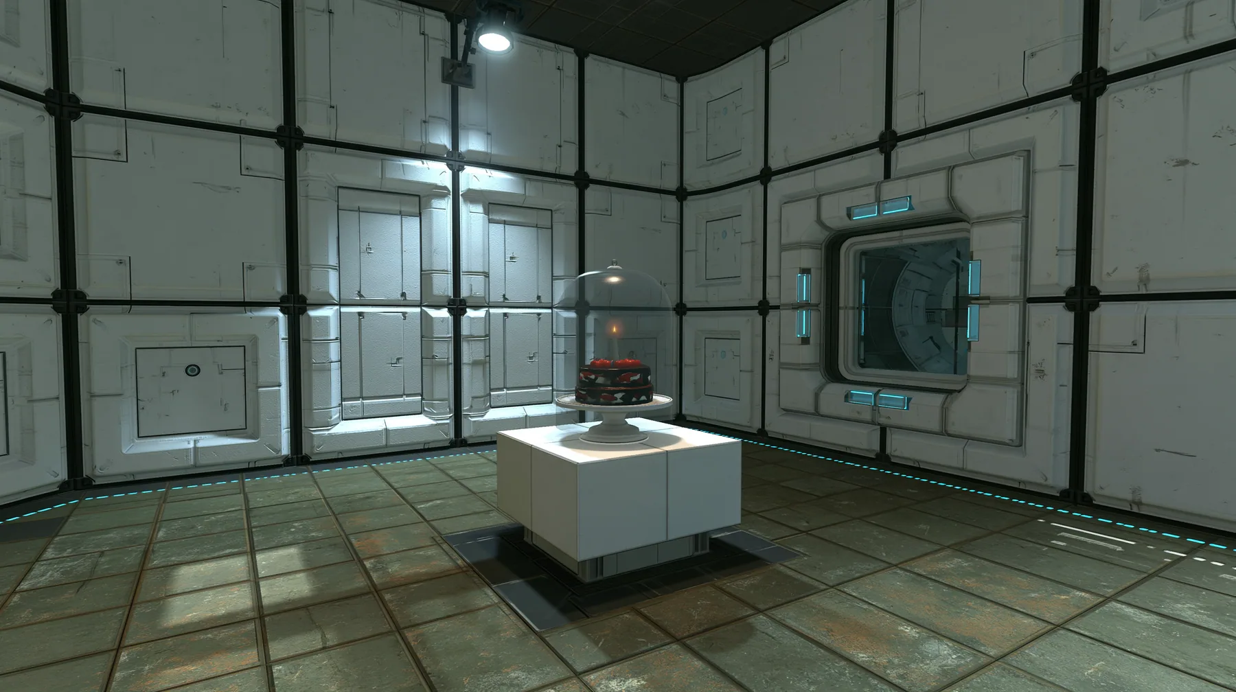 Portal 2 (2011) Source engine screenshot, Valve, a clean Aperture Science test chamber of white concrete panels with black seams, a black forest chocolate cake with cherries and one lit candle under a glass cloche on…