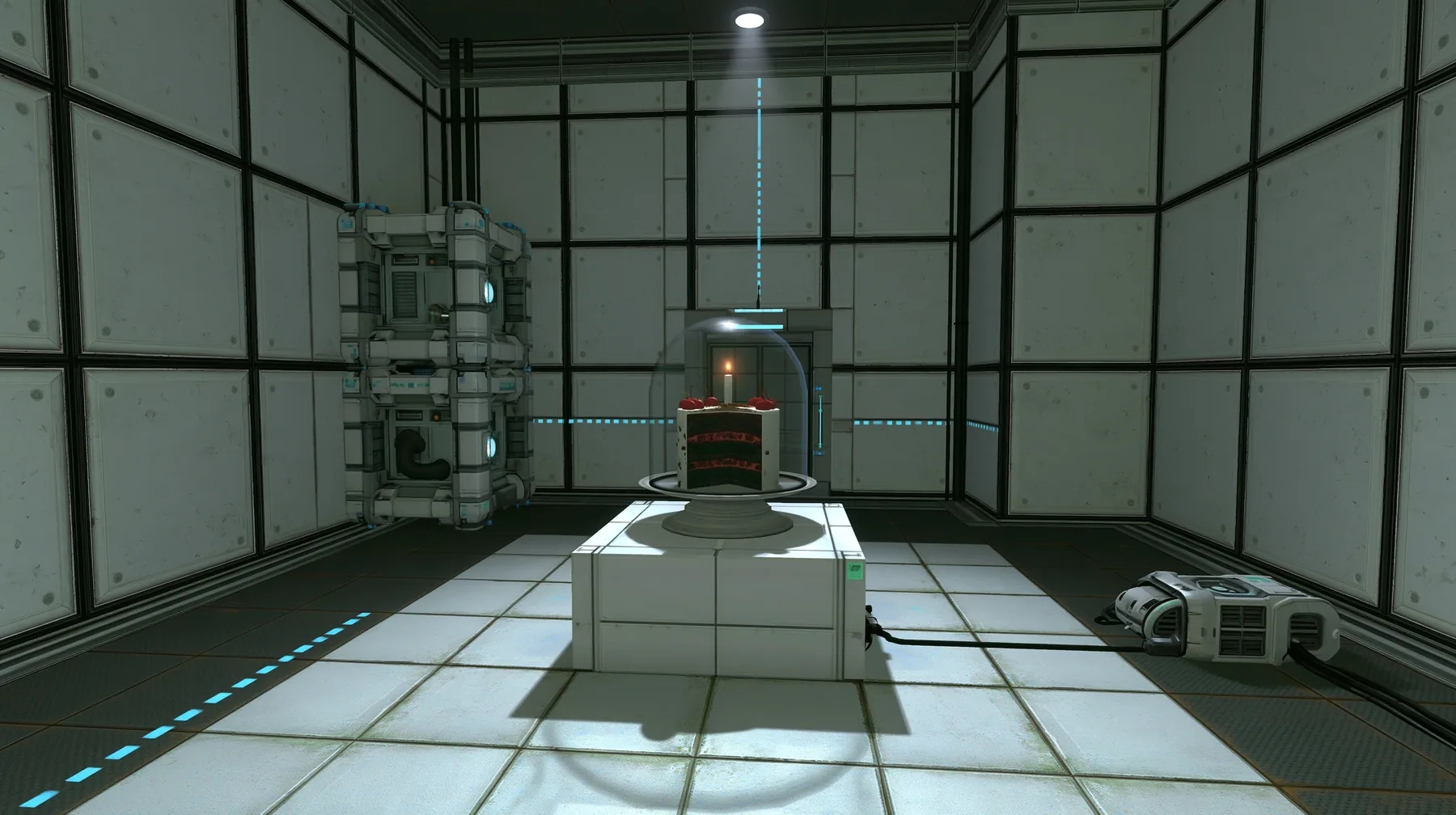 Portal 2 (2011) Source engine screenshot, Valve, a clean Aperture Science test chamber of white concrete panels with black seams, a black forest chocolate cake with cherries and one lit candle under a glass cloche on…