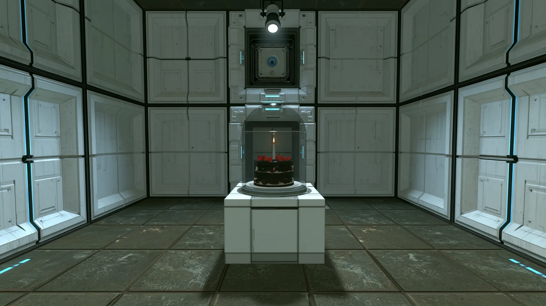 Portal 2 (2011) Source engine screenshot, Valve, a clean Aperture Science test chamber of white concrete panels with black seams, a black forest chocolate cake with cherries and one lit candle under a glass cloche on…