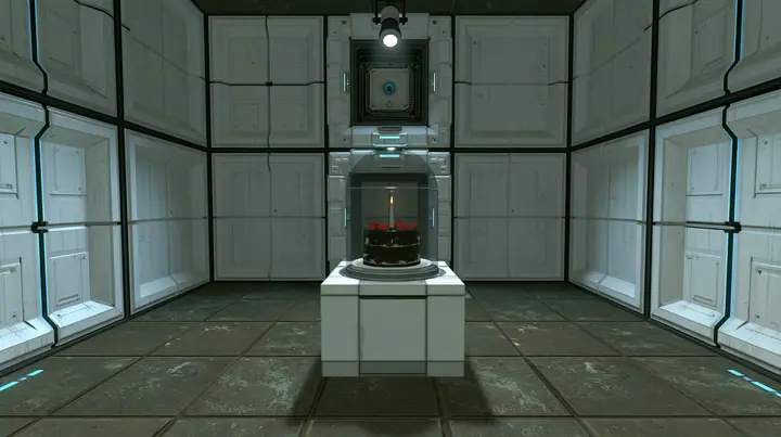 Portal 2 (2011) Source engine screenshot, Valve, a clean Aperture Science test chamber of white concrete panels with black seams, a black forest chocolate cake with cherries and one lit candle under a glass cloche on…