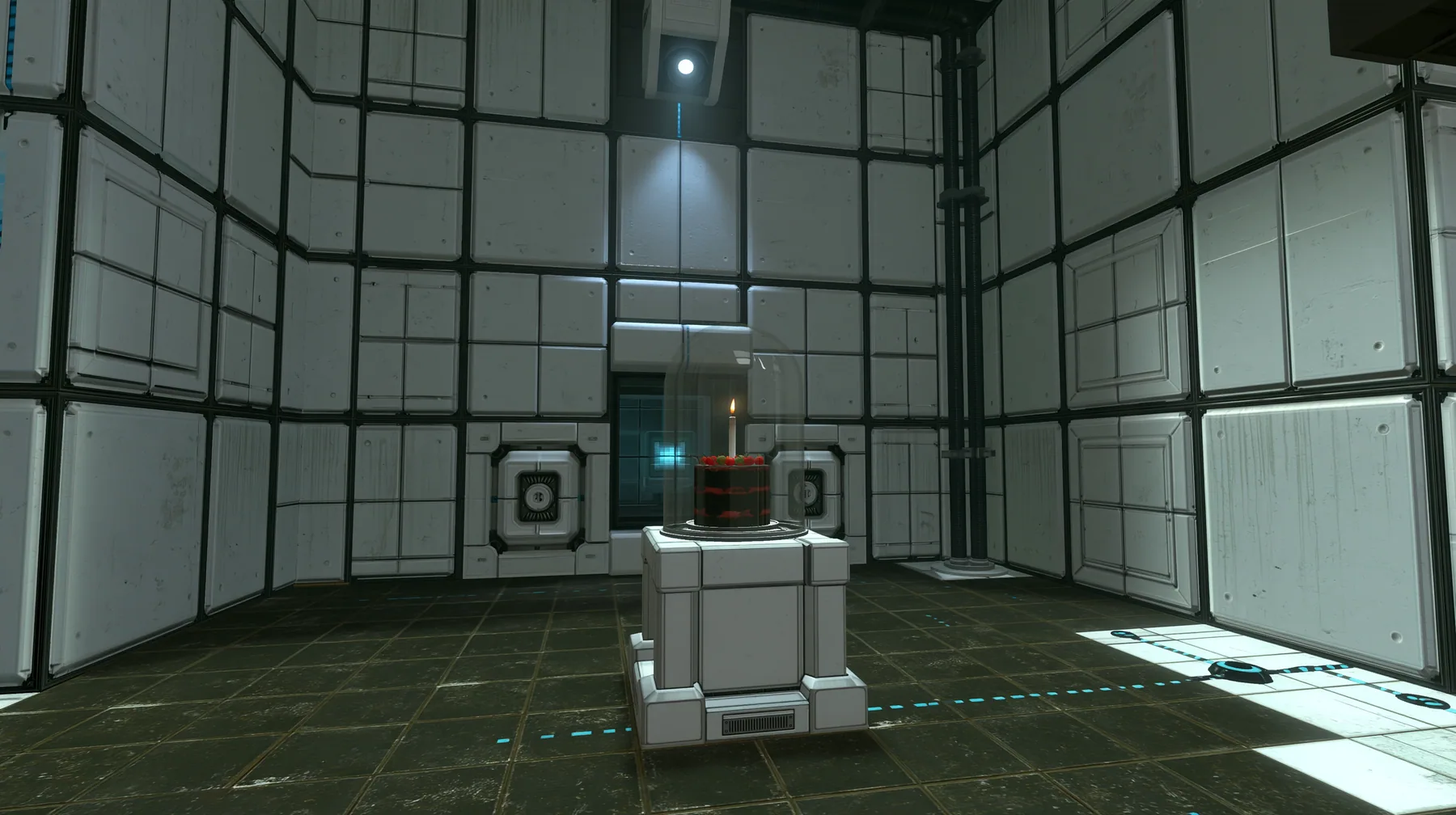 Portal 2 (2011) Source engine screenshot, Valve, a clean Aperture Science test chamber of white concrete panels with black seams, a black forest chocolate cake with cherries and one lit candle under a glass cloche on…