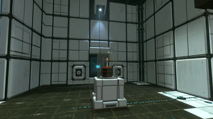 Portal 2 (2011) Source engine screenshot, Valve, a clean Aperture Science test chamber of white concrete panels with black seams, a black forest chocolate cake with cherries and one lit candle under a glass cloche on…
