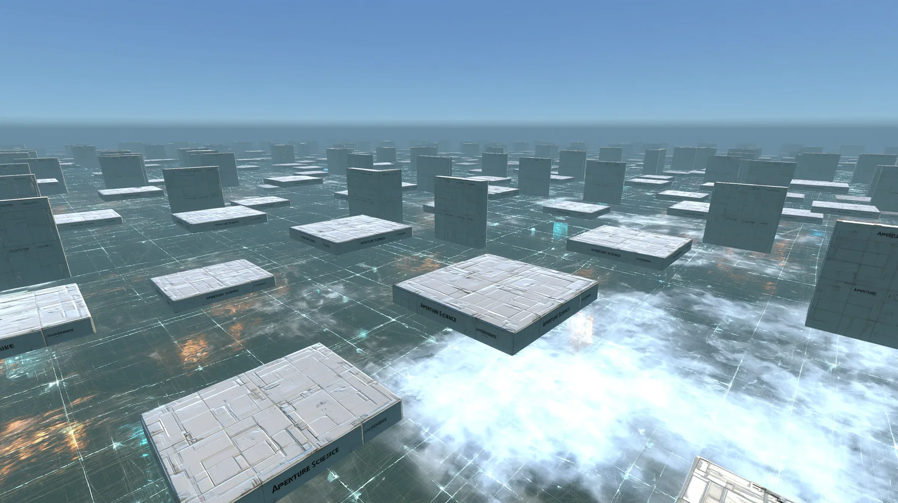 Portal 2 Source engine render dreamed by a neural network, a vast white void where hundreds of square white Aperture Science wall panels float like neurons, linked by thin glowing threads of light, soft bloom,…