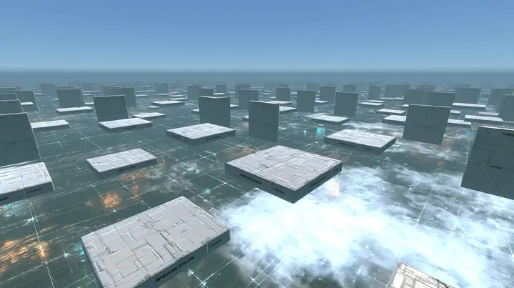 Portal 2 Source engine render dreamed by a neural network, a vast white void where hundreds of square white Aperture Science wall panels float like neurons, linked by thin glowing threads of light, soft bloom,…